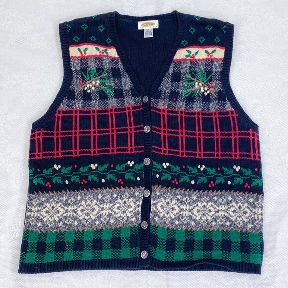 Vintage Talbots Holiday Sweater Christmas Granny Button Up Sweater Vest - Picture 2 of 6